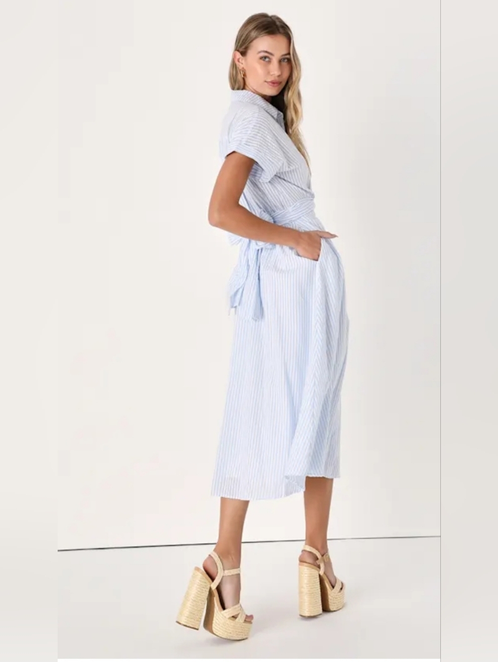 Lulus Women's Adorable Impression White And Blue Midi Dress With Pockets M - Picture 3 of 10